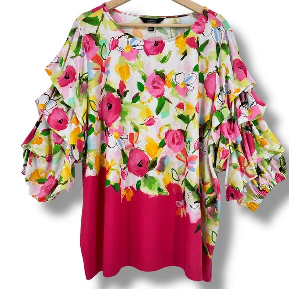 Slim Factor Investments Ruched Ruffle Sleeve Shirt Plus Size 1X Pink Green - Picture 1 of 7